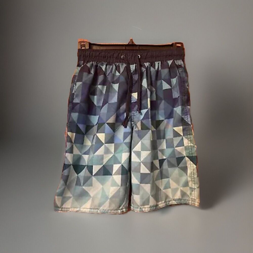 Kinnly Boy’s Swim Shorts Trunks Size 8 Blue Geometric Mesh Lined Elastic Waist